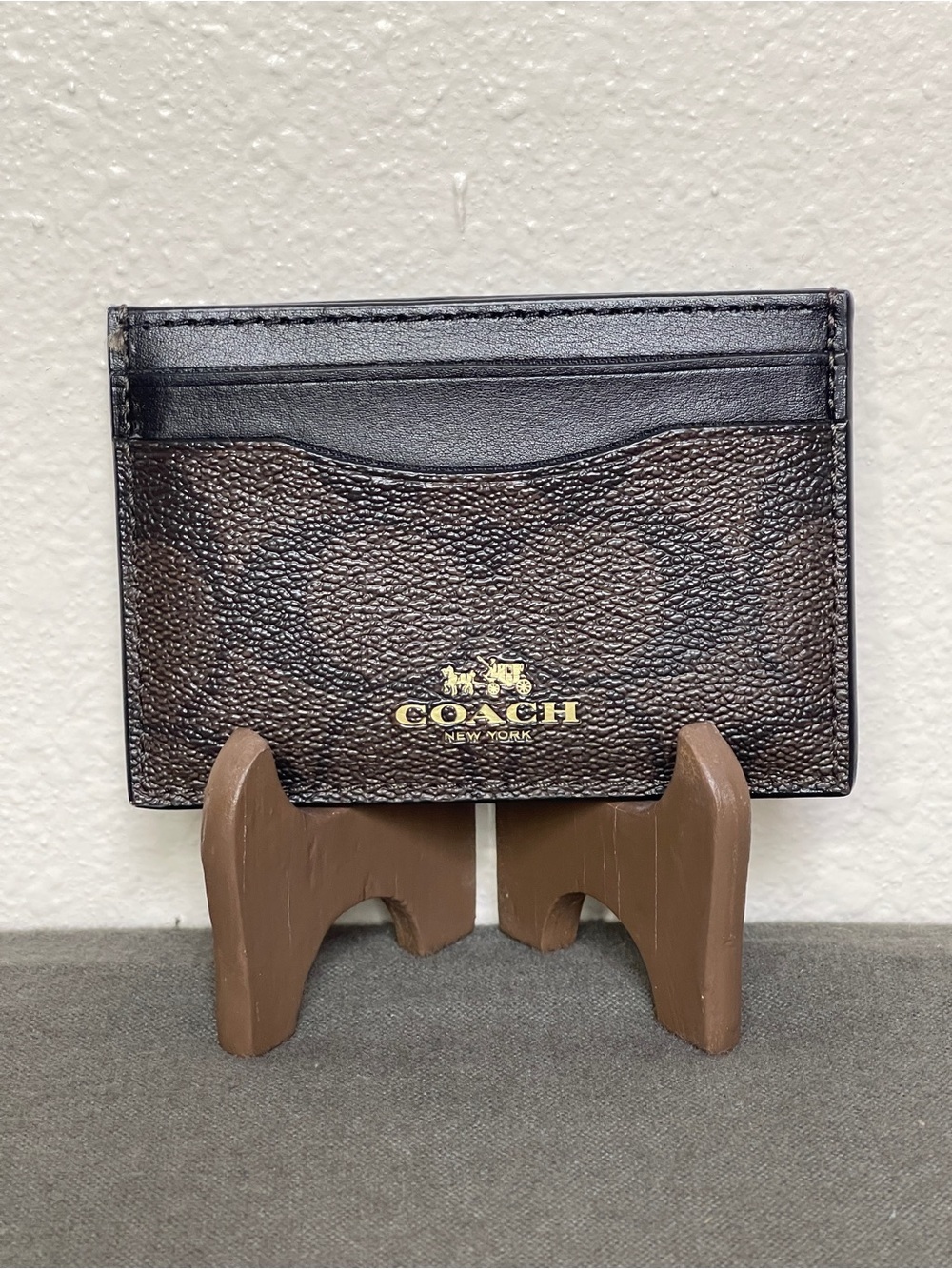 Coach Dark Brown & Black Leather Card Holder with Gold Logo